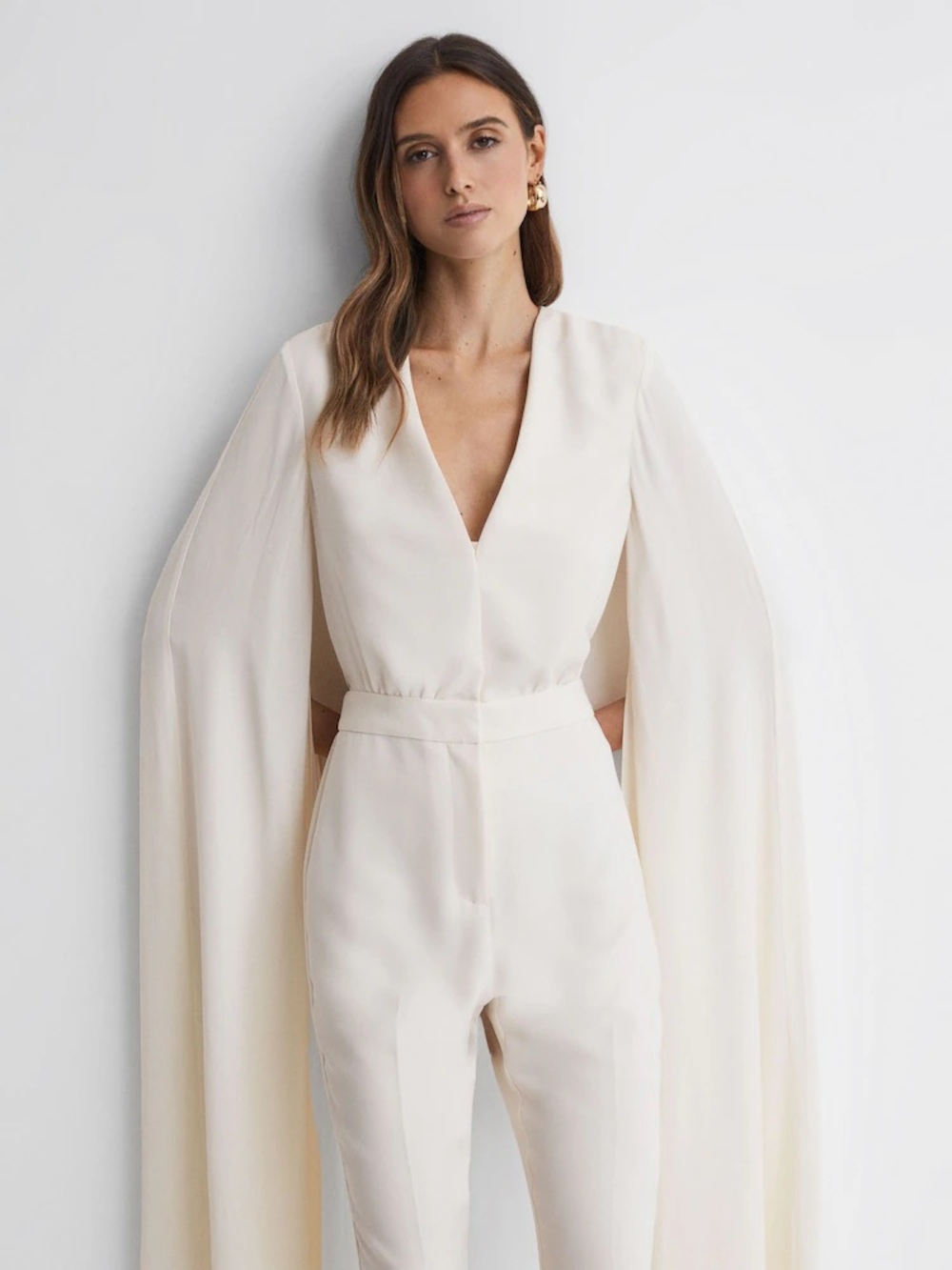 REISS Ivory Cape Detail V-Neck Tailored Jumpsuit